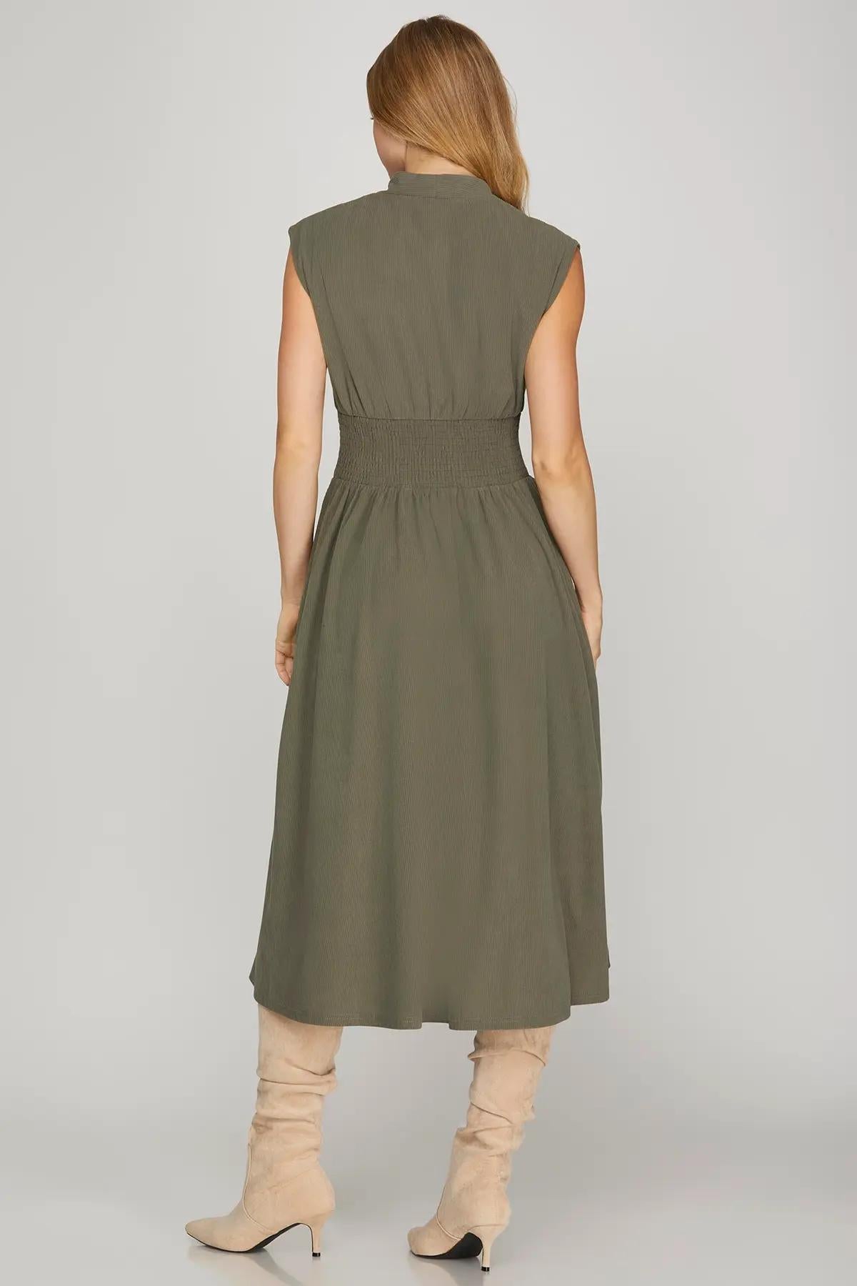 Drop Shoulder Smocked Waist Front Zip Corduroy Midi Dress with Pockets