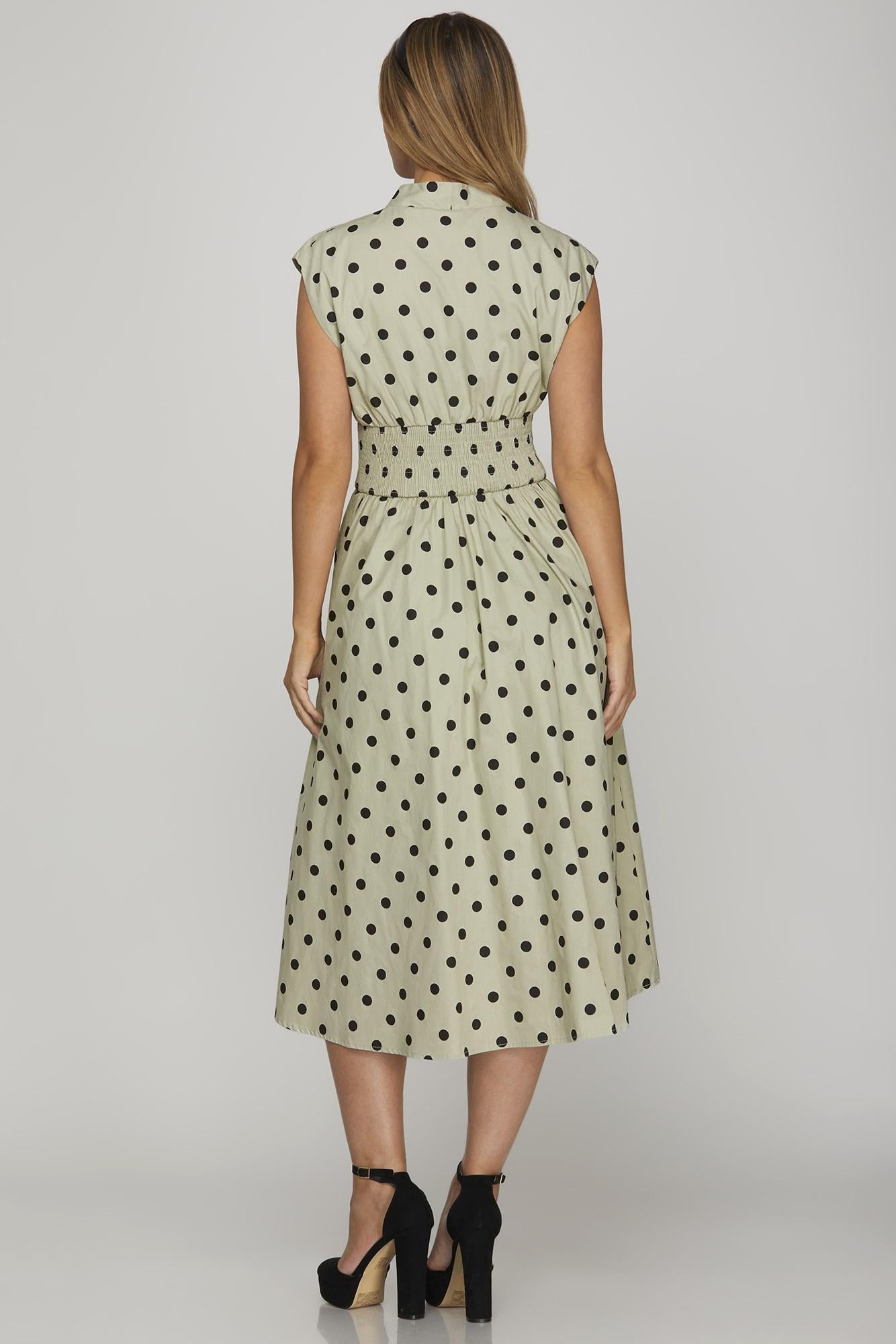 Drop Shoulder Smocked Waist Polka Dot Midi Dress