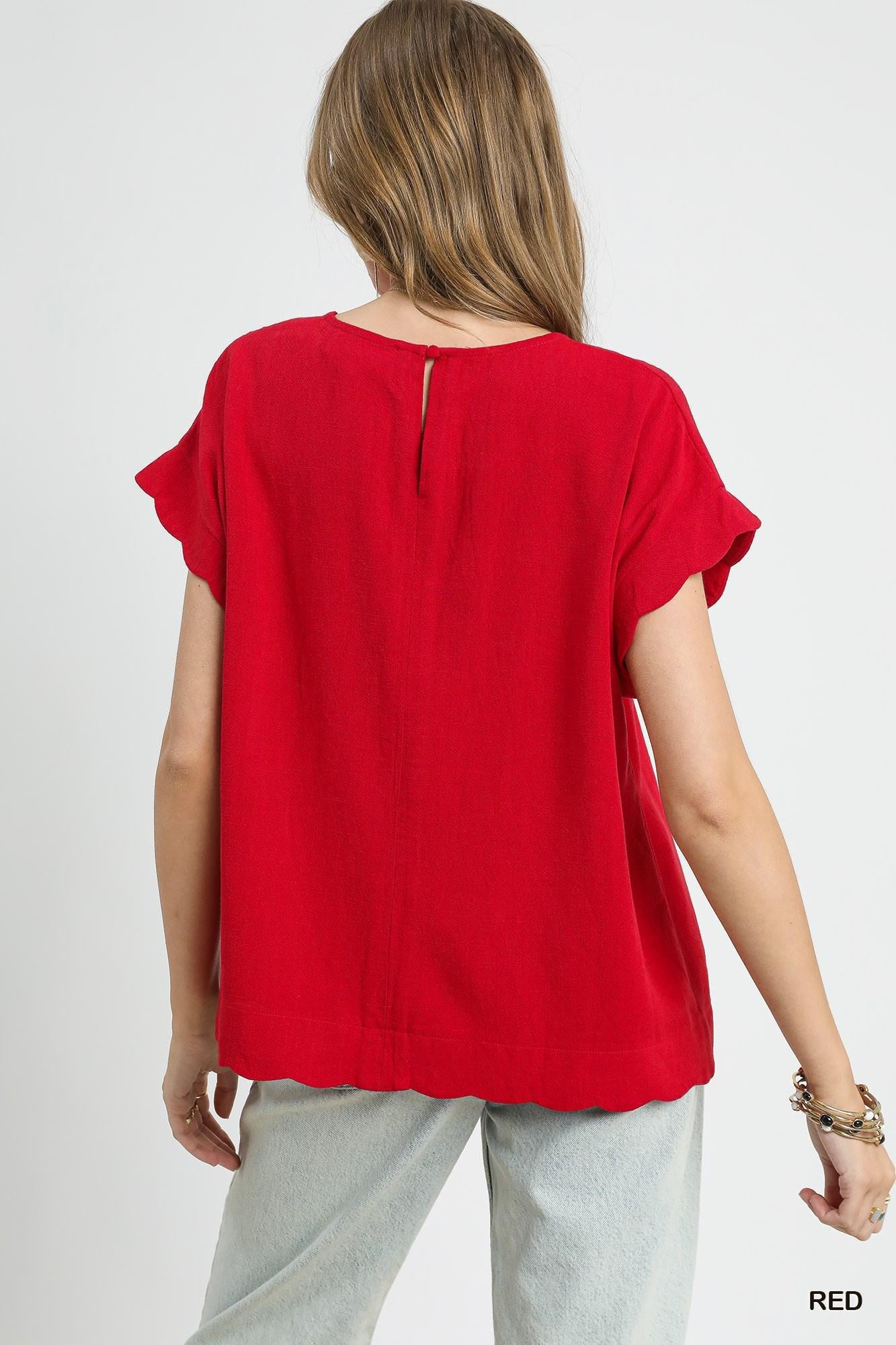 Scallop Hem Linen Blend Top
