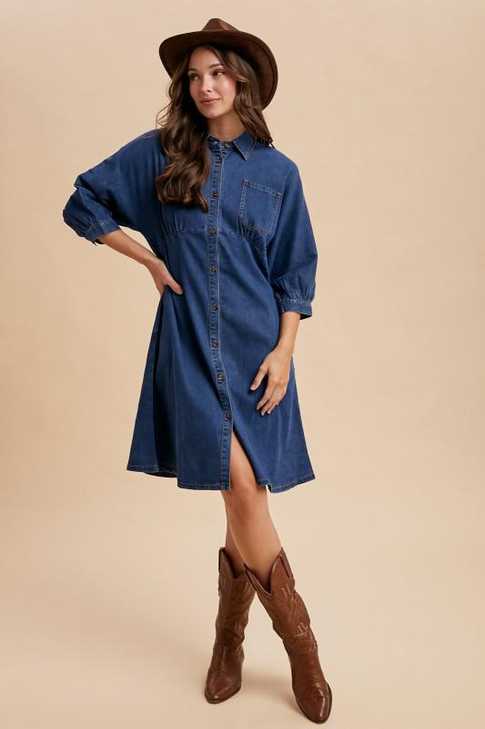Stretched Lyocell Denim Dolman Sleeve Midi Dress