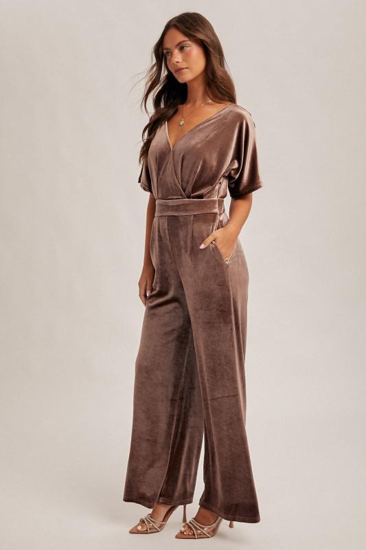 Surplice Neck Velvet Jumpsuit with Pockets