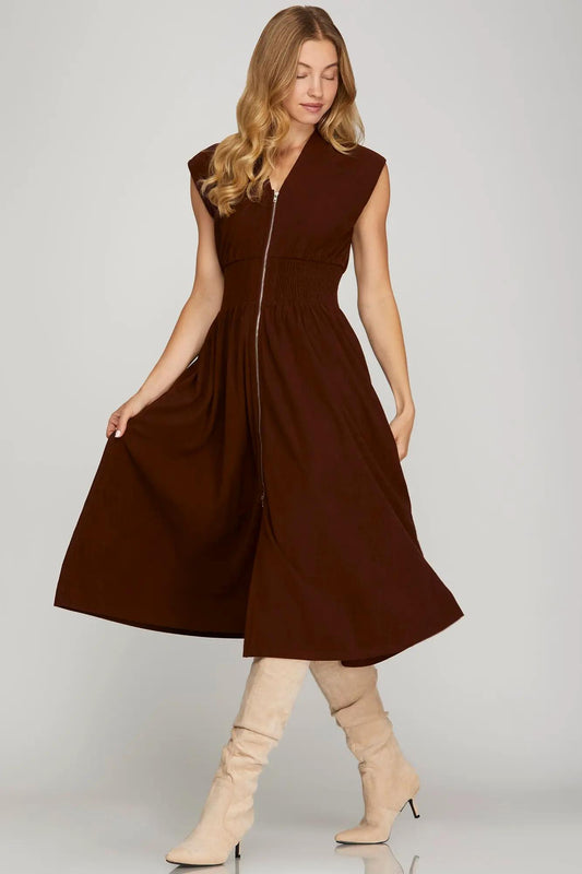 Drop Shoulder Smocked Waist Front Zip Corduroy Midi Dress