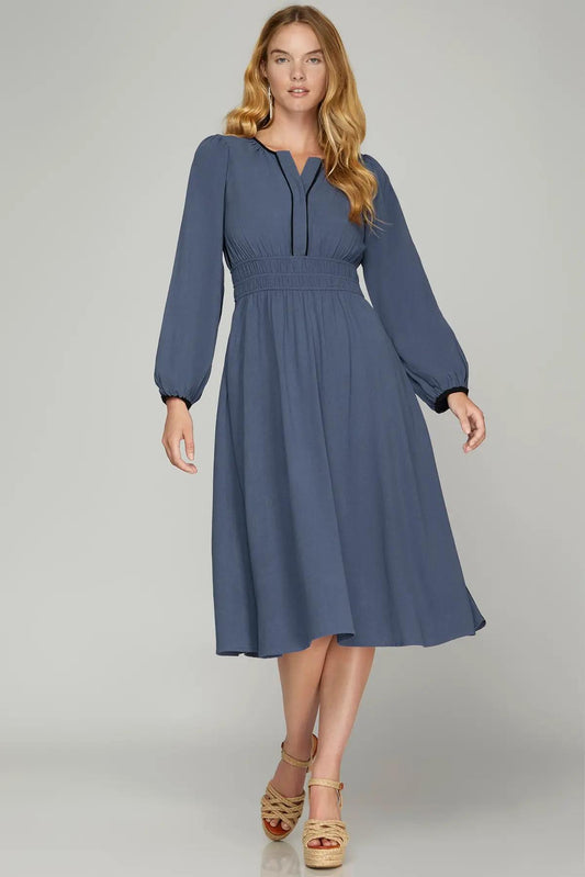 Long Sleeve Woven Ruched Waist Midi Dress with Contrast Binding and Pockets
