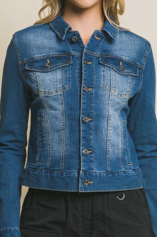 Distressed Button Up Stretchy Cotton Denim Jacket