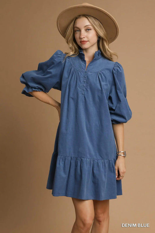 Corduroy Puff Sleeve Tiered Mini Dress