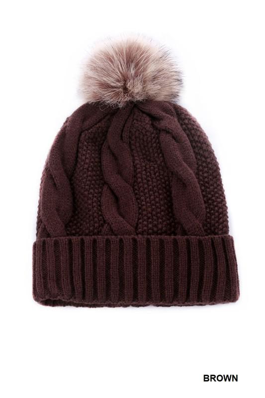 Cable Knit Pom Pom Lined Beanie