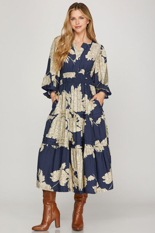 3/4 Sleeve Pintuck Tiered Floral Midi Dress