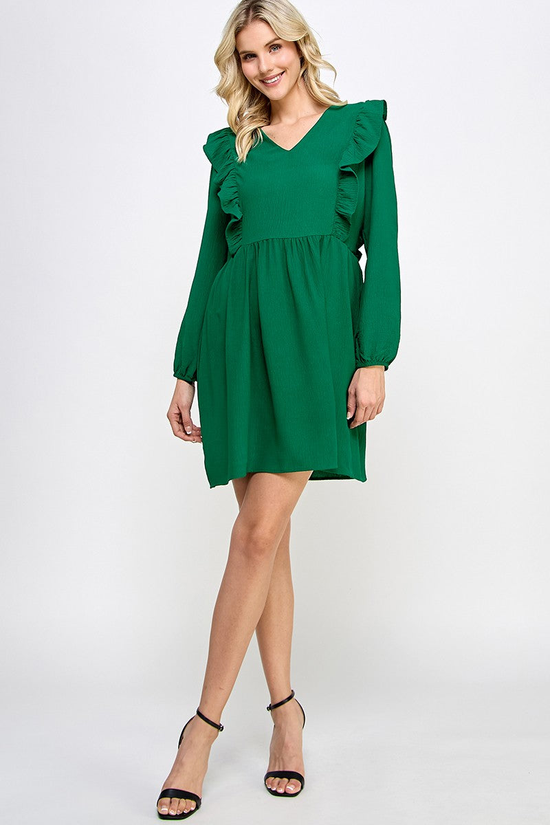 Solid airflow v-neck ruffle detail long sleeve dress