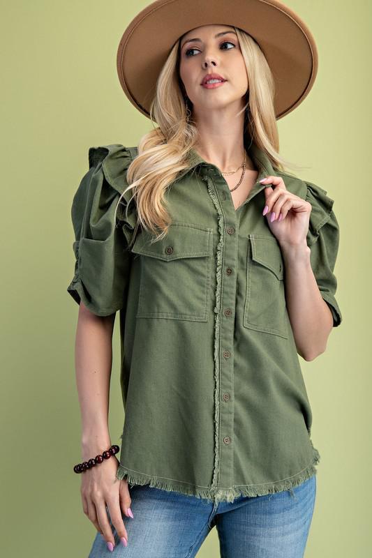Ruffled Gathered Sleeve Linen Button-Up Shirt