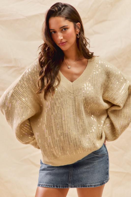 Holiday Clear Sequins Christmas V-Neck Sweater Top