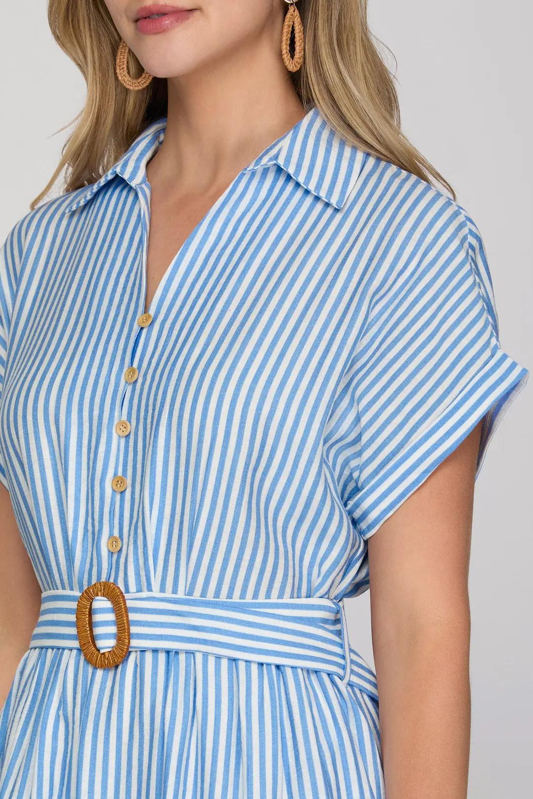 Drop Short Sleeve Woven Striped Collared Button-Up Belted Mini Dress