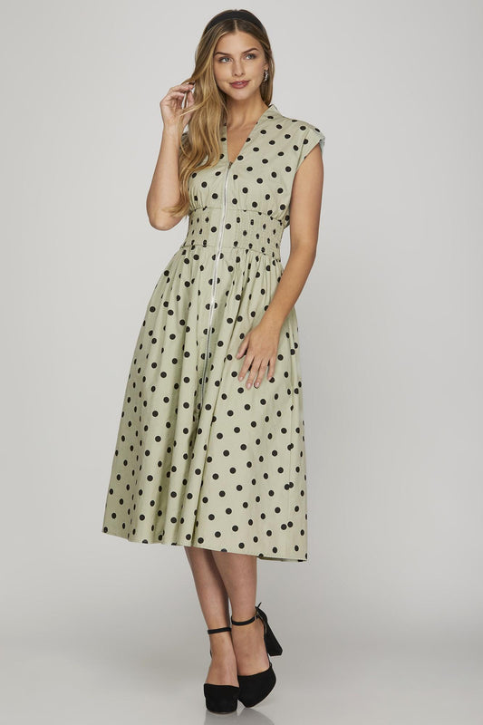 Drop Shoulder Smocked Waist Polka Dot Midi Dress