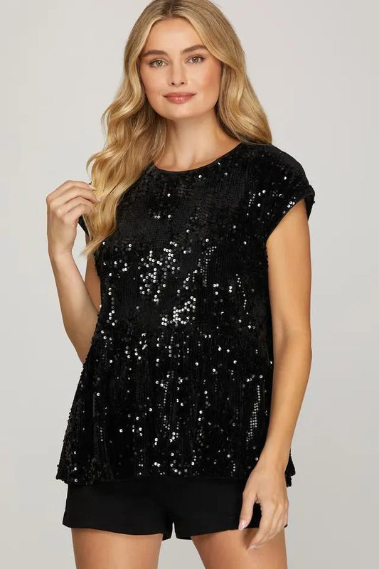 Sequin Drop Shoulder Top with Back Bow
