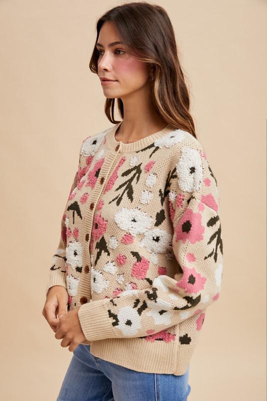 Boucle Flower Pattern Sweater Cardigan