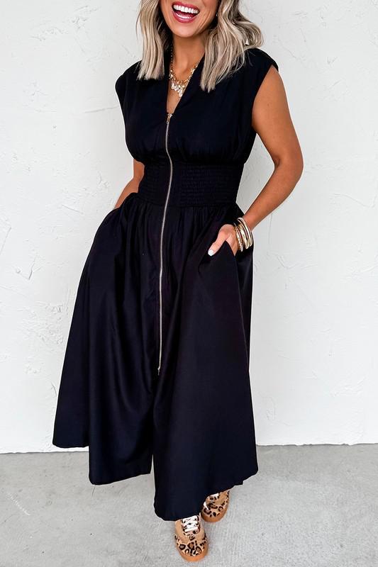 Zipped Front V-Neck Shirred Waist Midi Dress
