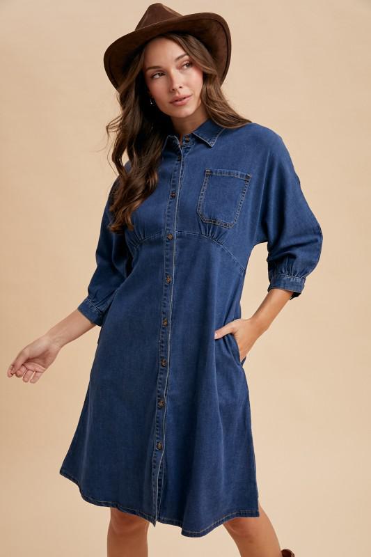 Stretched Lyocell Denim Dolman Sleeve Midi Dress