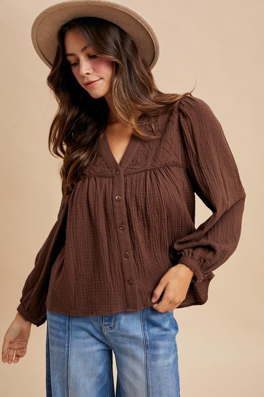 Embroidered Yoke Cotton Gauze Babydoll Blouse