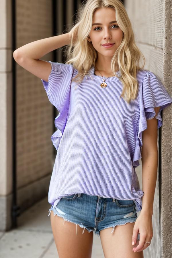 Ruffled Sleeve Solid Top