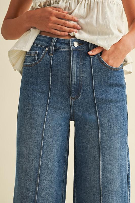Stretch High Rise Pin Tuck Detail Wide Leg Jean