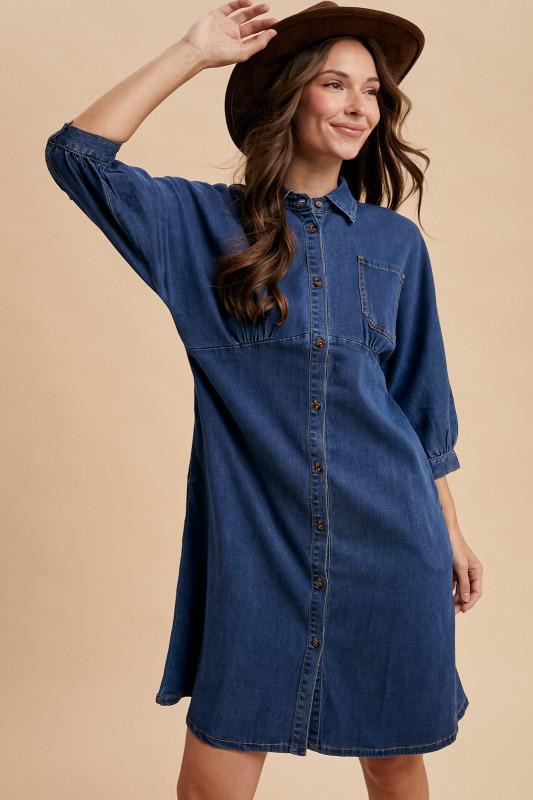 Stretched Lyocell Denim Dolman Sleeve Midi Dress