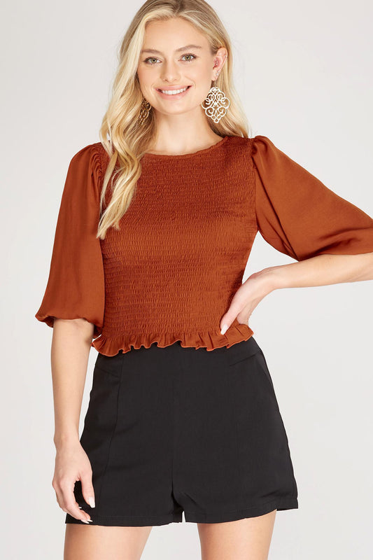 Half Bubble Sleeve Smocked Satin Top