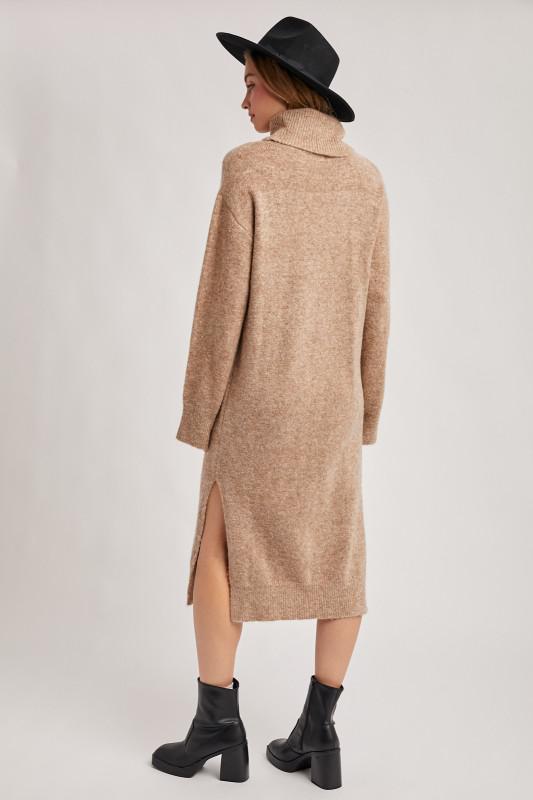 Turtleneck Side Slit Knit Sweater Midi Dress