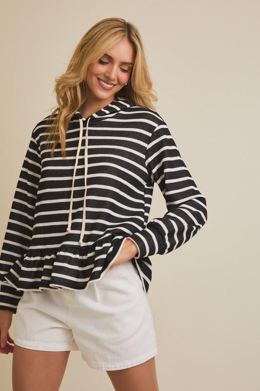 Drawstring Long Sleeve Ruffle Hem Stripe Hoodie