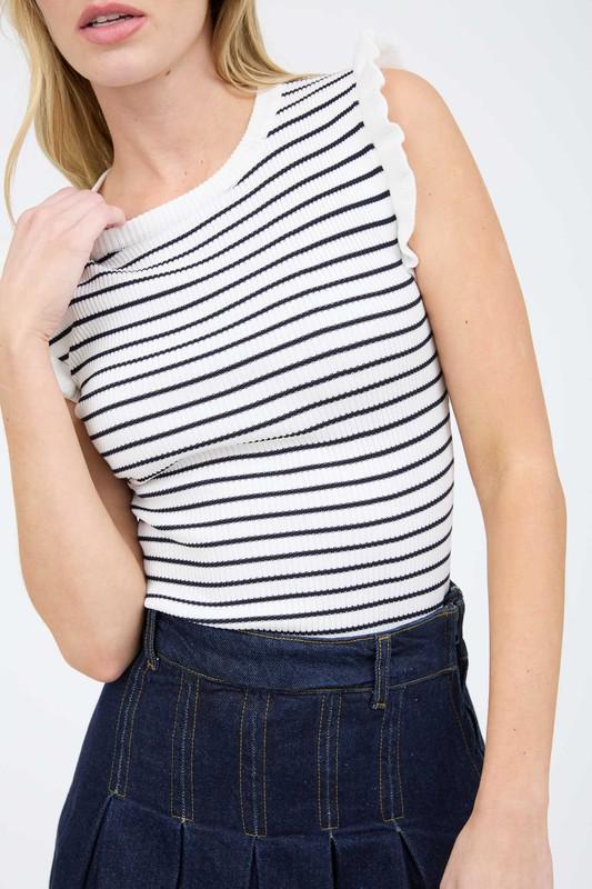 Stripe Ruffle Trim Sleeveless Pullover Sweater