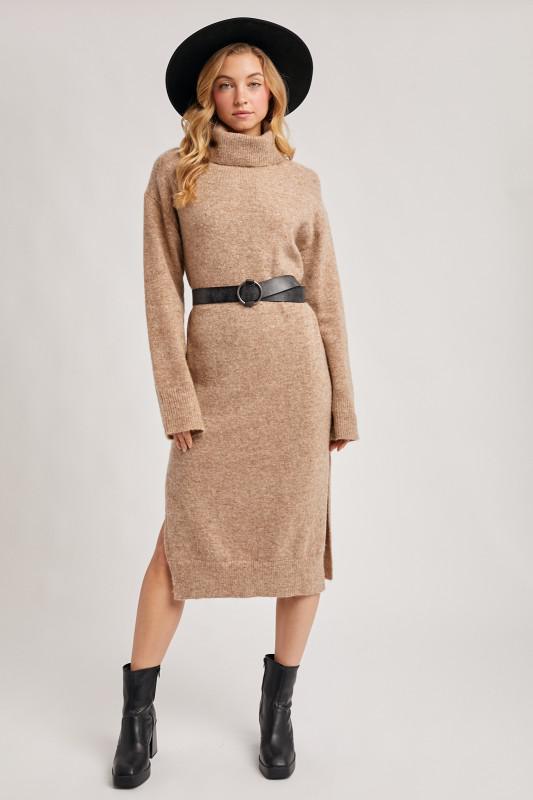 Turtleneck Side Slit Knit Sweater Midi Dress