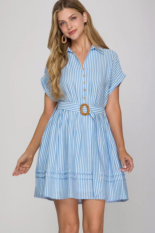 Drop Short Sleeve Woven Striped Collared Button-Up Belted Mini Dress