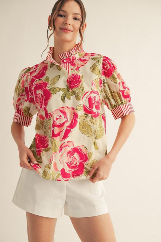 Ruffled Mock Neck Floral Top