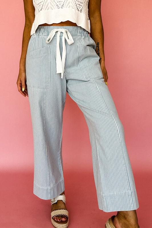 Stripe Drawstring Straight Loose Denim Pants