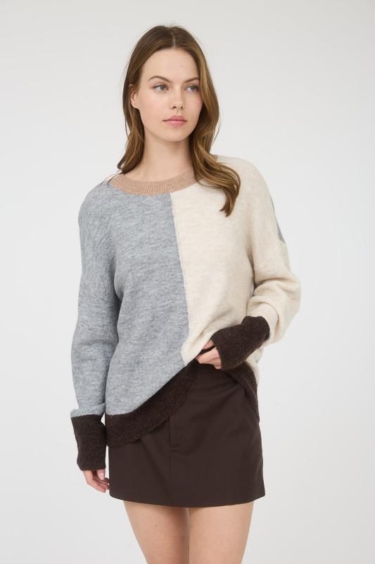 Colorblock Front Seam Long Sleeve Knit Sweater