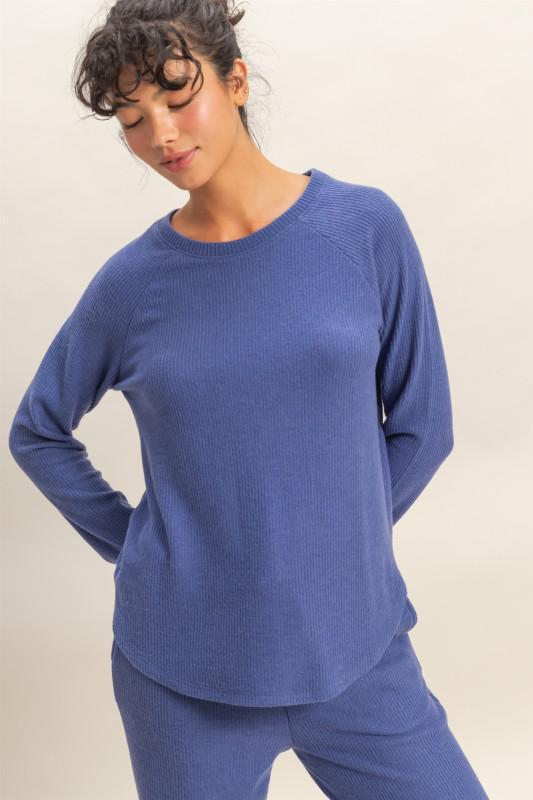 Brushed Waffle Raglan Long Sleeve Casual Top