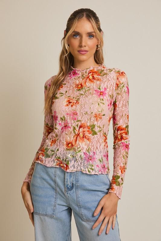 Long Sleeve Merrow Hem Floral Mesh Top