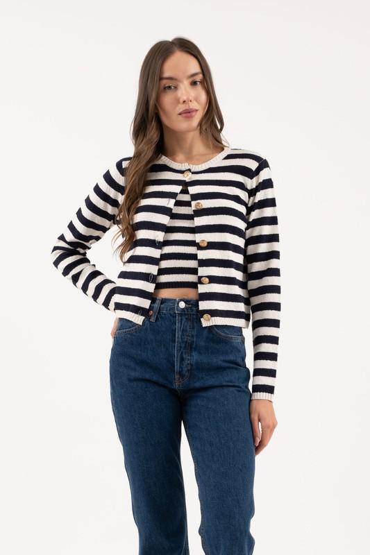 Stripe Round Neck Button Down Cardigan Sweater