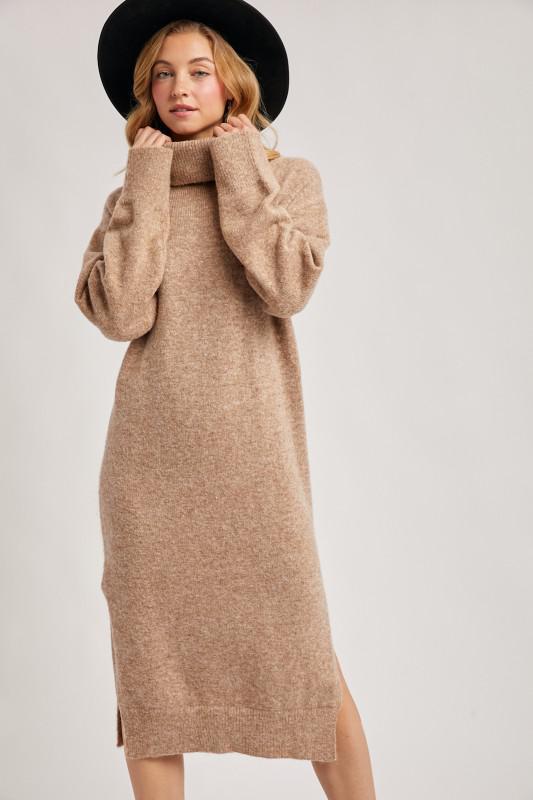 Turtleneck Side Slit Knit Sweater Midi Dress