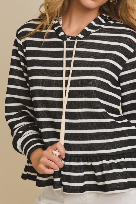 Drawstring Long Sleeve Ruffle Hem Stripe Hoodie