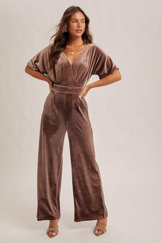 Surplice Neck Velvet Jumpsuit with Pockets