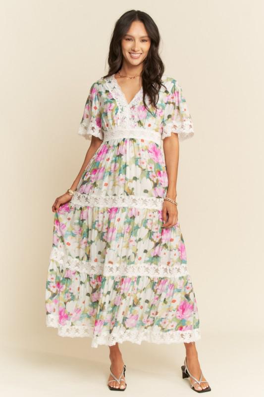 Water Painting Floral Zippered Maxi Dress
