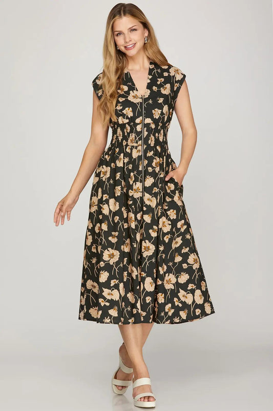 Drop Shoulder Smocked Waist Front Zip Printed Midi Dress with Pockets