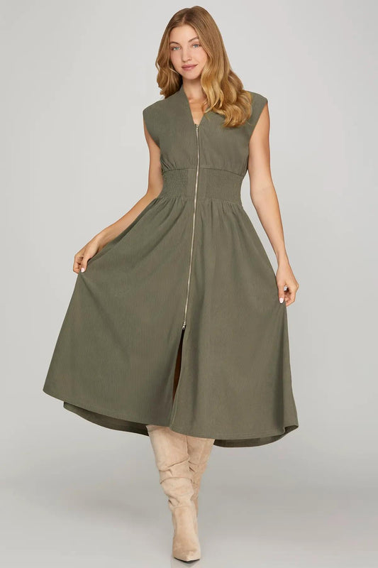Drop Shoulder Smocked Waist Front Zip Corduroy Midi Dress with Pockets