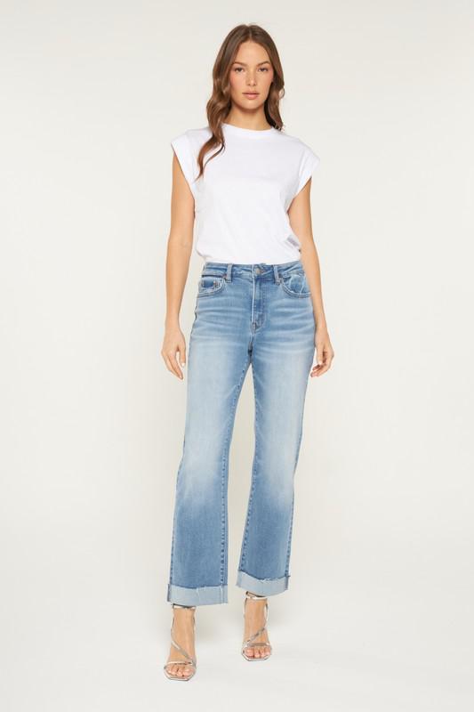 High Rise Straight Leg Jeans with Cuffed Hem