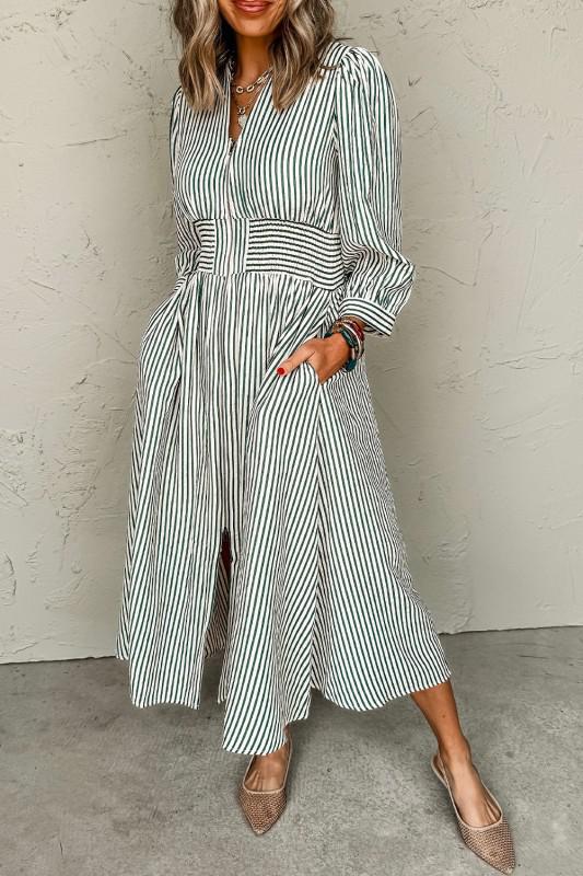 Stripe Zip Front Cinched High Waist Midi Dress