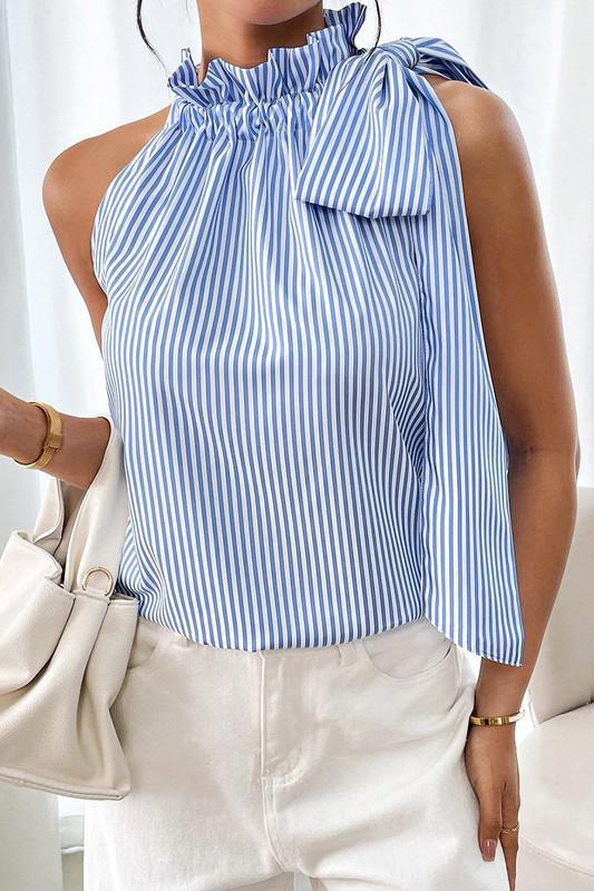 Striped Frill Neck Tie Knot Sleeveless Top