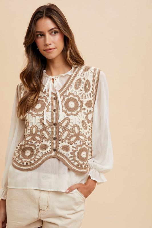 Crochet Sweater Vest & Chiffon Blouse Set