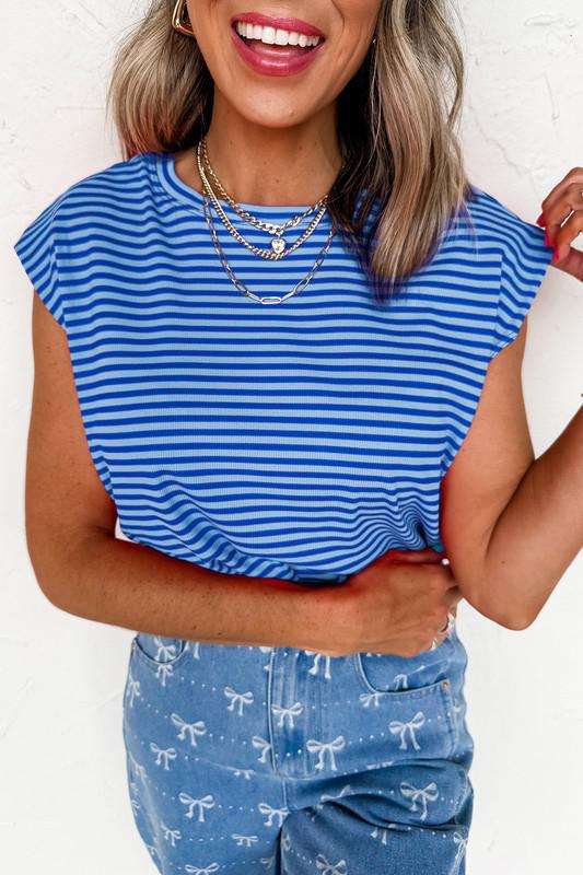 Stripe Ribbed Cap Sleeve Round Neck T-Shirt