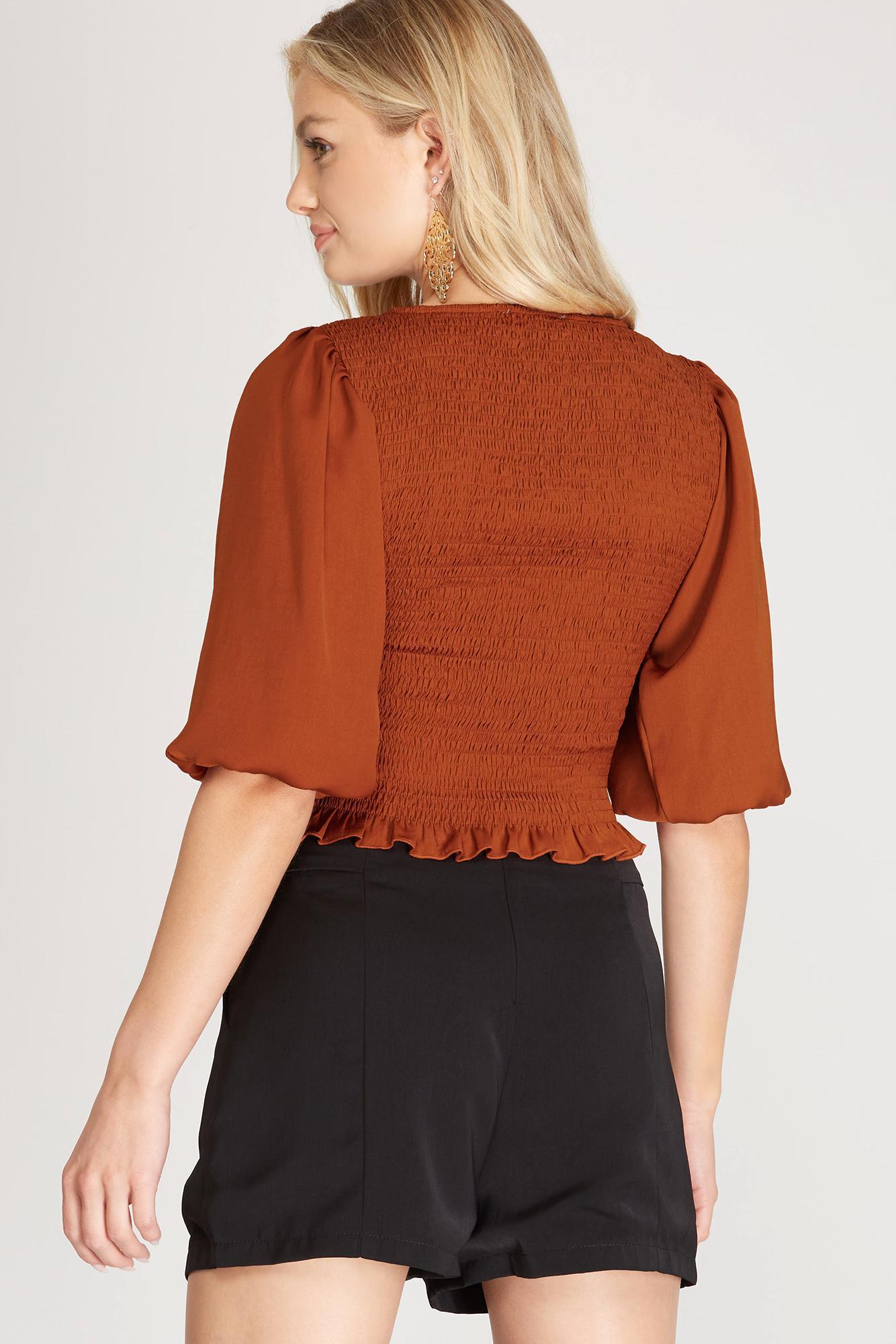 Half Bubble Sleeve Smocked Satin Top