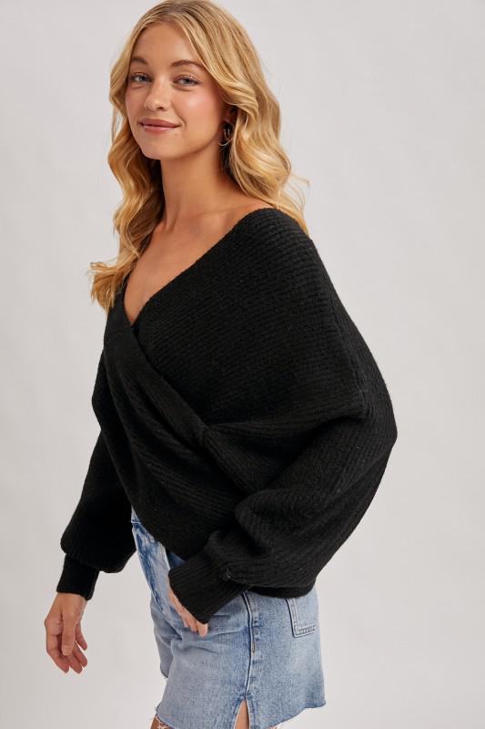 Wrap Crossover Ribbed Fuzzy Knit Sweater Pullover