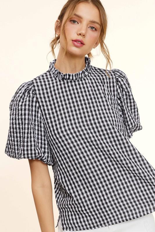 Gingham Check Print Puff Sleeve Top